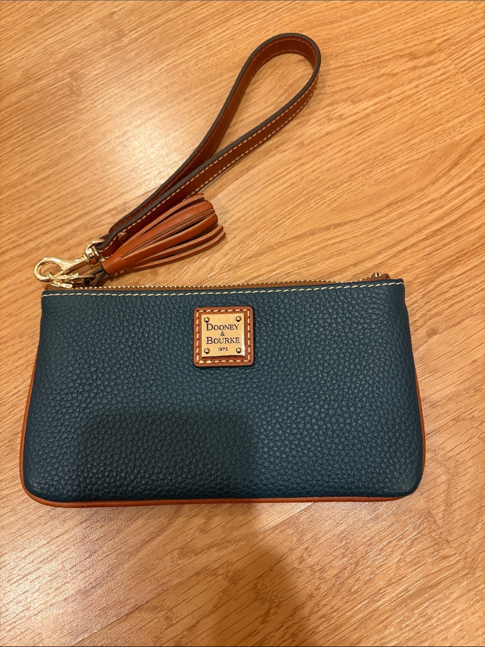 Dooney & Bourke Dark Teal Pebble Leather Wristlet with Brown Trim